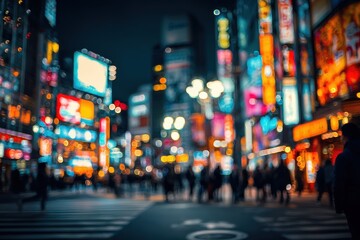 Blurry night cityscape, vibrant lights, bustling street