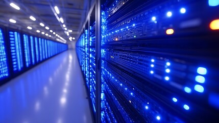 Rows of illuminated server racks in a data center.