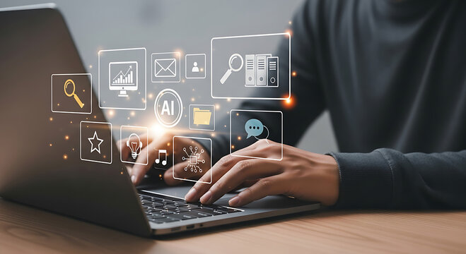 Person using a laptop with various digital business and technology icons floating above the keyboard