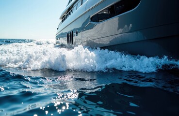 Naklejka premium Luxury yacht cruising through the ocean creating waves and splashes in clear blue water