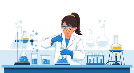 Young Scientist Analyzing Chemical Compounds In A Laboratory Illustration