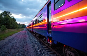Fototapeta premium A vibrant train travels along a scenic railway track during sunset with colorful reflections on its surface
