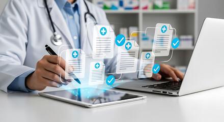 Doctor reviewing digital medical records on tablet and laptop, symbolizing healthcare technology and patient care