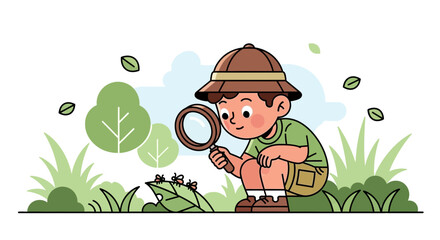 Young Explorer Investigating Insects With Magnifying Glass In The Backyard