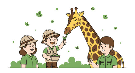 Naklejka premium Young Explorers Feeding A Giraffe With Lush Greenery During Wildlife Adventure