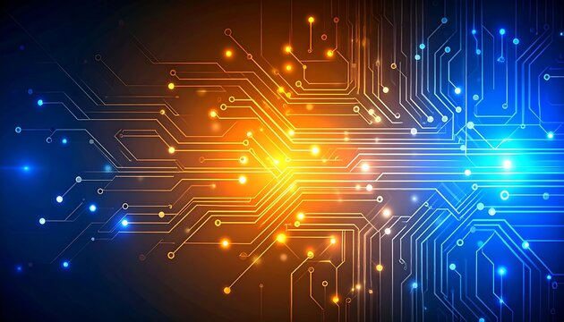 Abstract digital circuitry glowing with orange and blue light - Powered by Adobe