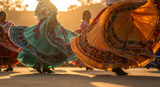 Vibrant Folk Dancers in Traditional Mexican Dresses, Golden Hour Sunlight, Festive Celebration
