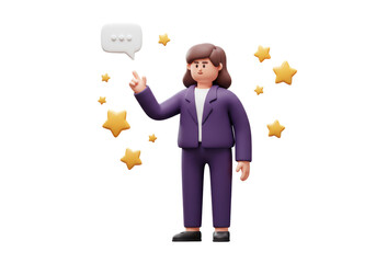 Isolated 3D Character Businesswoman with Speech Bubble and Gold Stars