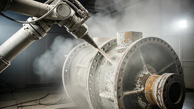 Automated robotic arm sandblasting a large, rusty industrial machine part in a dusty factory setting.
