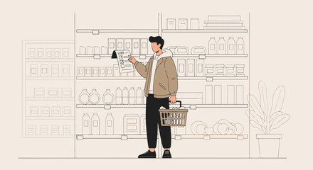Young Man Checking Shopping List at Grocery Store Amidst Aisle Shelves