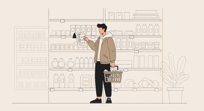 Young Man Checking Shopping List at Grocery Store Amidst Aisle Shelves
