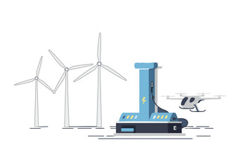 Modern illustration depicting wind turbines and a drone charging station, symbolizing renewable energy and sustainable technology. Clean, graphic style.