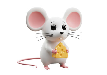 Isolated Cute 3D Cartoon White Mouse Holding a Slice of Cheese