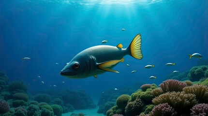 Fototapeta premium A realistic cuttlefish gracefully swimming over a vibrant coral reef crystal-clear blue ocean water