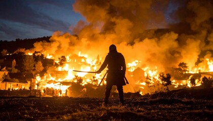 Obraz premium Warrior Silhouette Against Burning Village at Dusk
