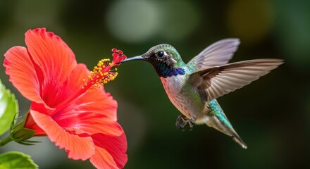 Fototapeta premium Hummingbird's graceful flight and vivid hibiscus bloom, capturing delicate beauty in nature