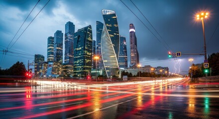 Fototapeta premium Illuminated city: Moscow's architectural marvels with vibrant streaks of moving vehicles