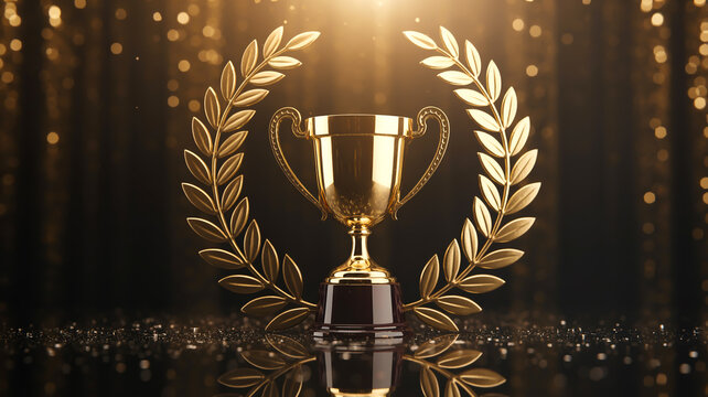 A luxurious award ceremony image featuring a golden trophy cup centered on a black reflective surface. The trophy has a classic design with two handles, a curved bowl shape, and sits on a dark base (
