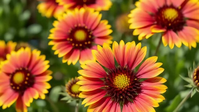 Gaillardia Pulchella Flowers Displaying Petals in Red and Yellow with Soft Green Backgrounds in a Sunny Outdoor Setting