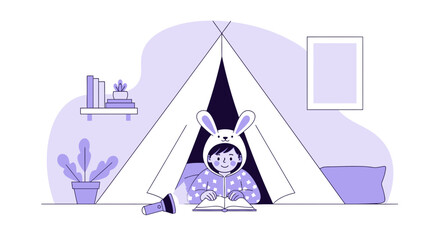 Obraz premium Youngster Reading Book Inside Tent In Playful Room Illustration
