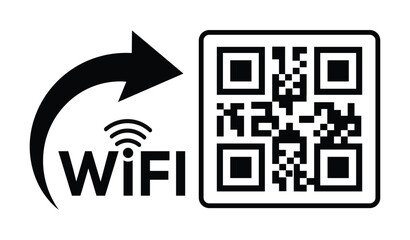 Minimalist black and white image featuring a QR code on the left and a WIFI symbol with circular arrow and text on the right. Clean, high-contrast design on plain white background.