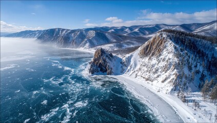 Frozen lake shore, snowy mountains