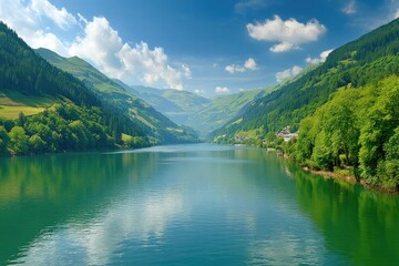 Serene mountain lake, lush green valley