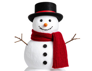 Happy Christmas snowman toy with a red scarf and hat, isolated on a white background