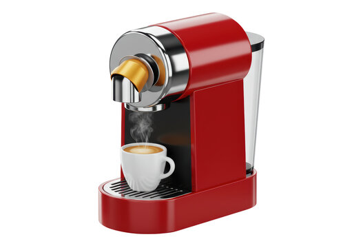 Isolated Red Coffee Machine Dispensing Hot Espresso into a White Cup