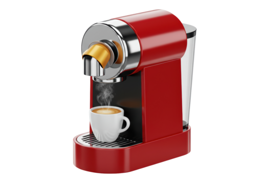 Isolated Red Coffee Machine Dispensing Hot Espresso into a White Cup
