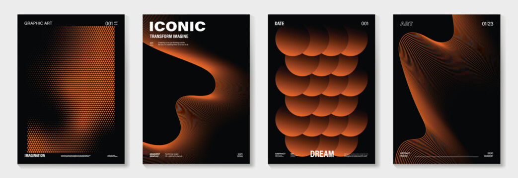 Modern gradient poster on dark background vector set. Cover template with orange geometric shapes, wavy line, dot halftone. Modern Design for wall art, flyers, brochures, covers and web banners.