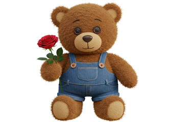 Isolated Adorable Brown Teddy Bear Wearing Denim Overalls and Holding a Red Rose, Sweet Valentine's Day Gift Concept