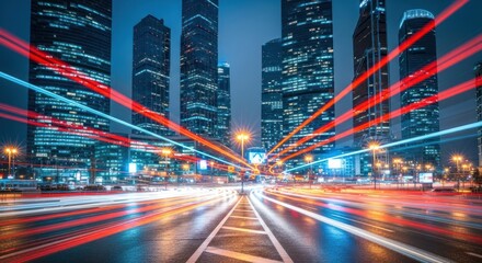 Metropolitan motion blurred light streaks traversing illuminated cityscape skyscrapers