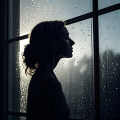  A moody, cinematic shot of a woman lost in thought, gazing out at the rain. The high contrast between the dark interior and the bright, wet exterior creates a dramatic and emotional atmosphere.