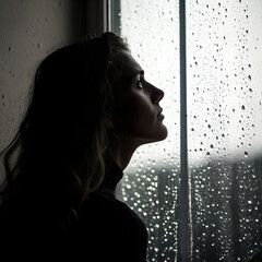 Through the Rain-Spattered Glass: A close-up, cinematic shot focusing on a woman's profile and the texture of raindrops on a window, capturing the beauty and quiet mood of a storm.