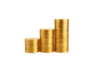 Golden coins in a vertical column, symbolizing success and financial growth, are isolated on a white background