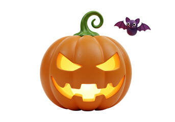 Isolated Spooky Halloween Jack-o'-Lantern Pumpkin with Glowing Eyes and a Flying Bat