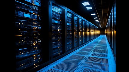 Server rack room interior with illuminated equipment.