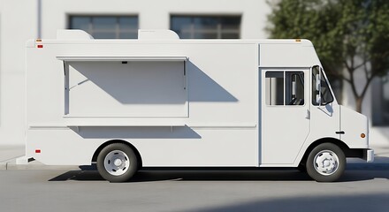Side View of a White Food Truck with Open Serving Window - Mockup