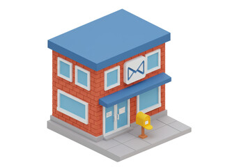 Isolated Isometric 3D Render of a Post Office Building with Mailbox