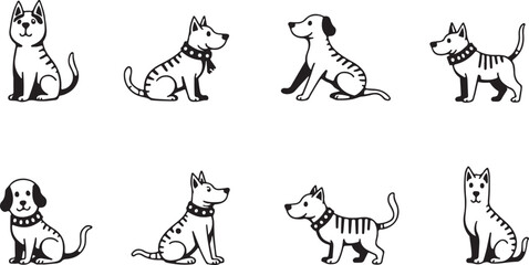 This collection features a vector illustration set of funny cartoon safari animals and their silhouettes, including a giraffe, tiger, and bear