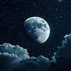 Obraz premium The beautiful, mysterious Moon is visible in the night, starry sky, among fluffy, light clouds.