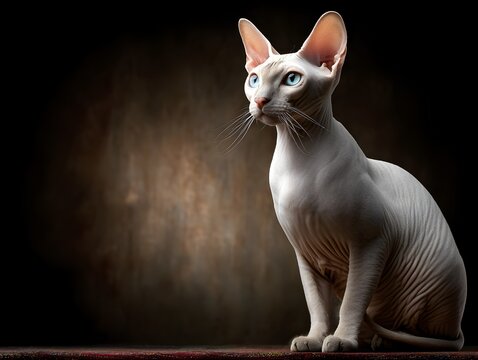 A beautiful sphynx cat with blue eyes poses elegantly in a studio setting against a dark background gracefully. - Powered by Adobe