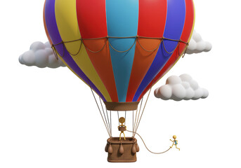 Fototapeta premium Isolated Colorful Hot Air Balloon with a Small Figure Escaping, Freedom Concept