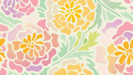 Pastel floral pattern featuring abstract flowers in shades of pink yellow and green on a light background