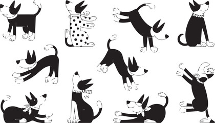 A seamless vector pattern with a set of black animal silhouettes, including cats, dogs, birds, and rabbits