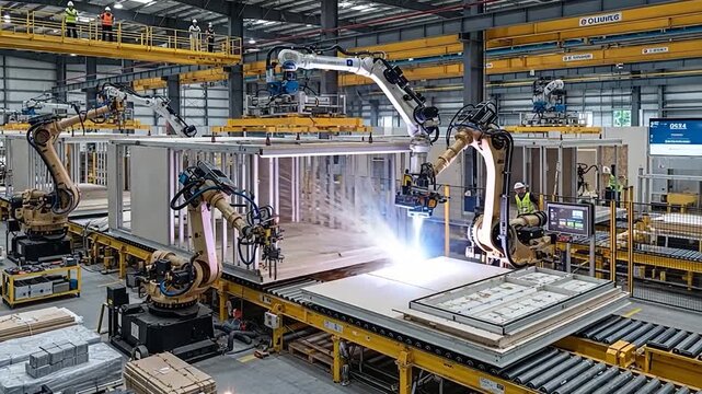 Automated Robotic Arms Assembling Modular Building Components in a Modern Factory