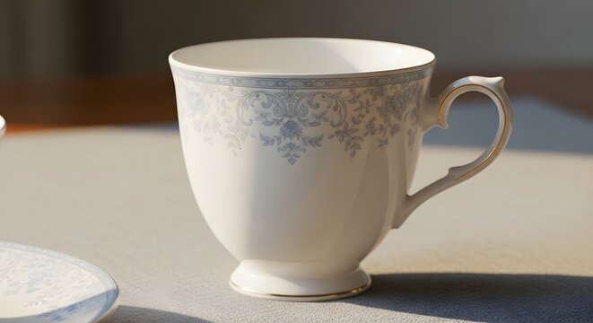 Elegant porcelain teacup with delicate grey pattern on a table in warm natural light