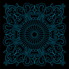 An intricate black line art pattern forms a symmetrical decorative floral design.