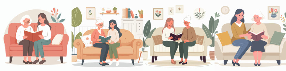 Flat Illustration Grandmother and Granddaughter Reading Together on Sofa Collection